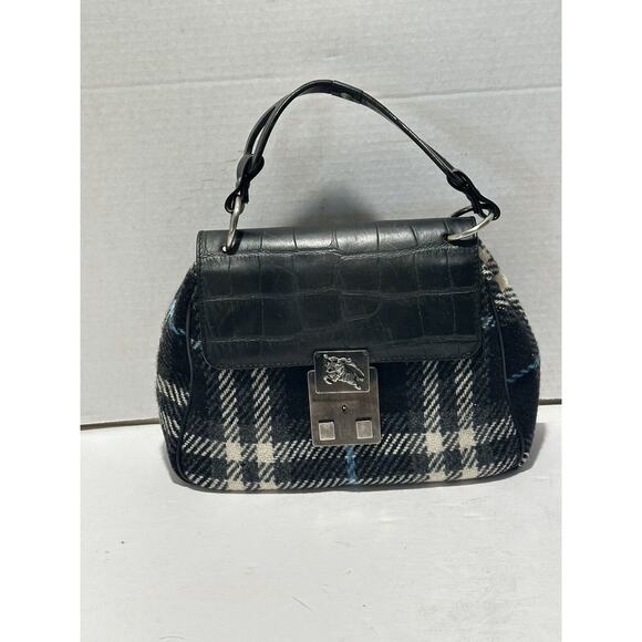 BURBERRY LONDON Croc Embossed Leather Tartan Wool Satchel Purse Bag Authentic - Picture 2 of 16
